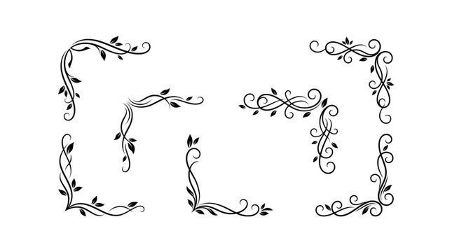 Elegant vintage floral corners flourish design element set ornate baroque swirls and leaf motifs for invitations wedding decor and page borders.