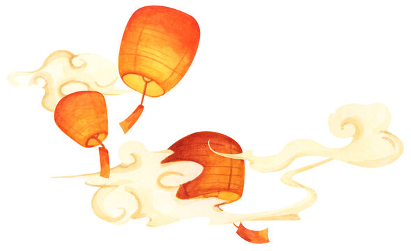 Watercolor painting of Mid Autumn Festival Sky Lantern.