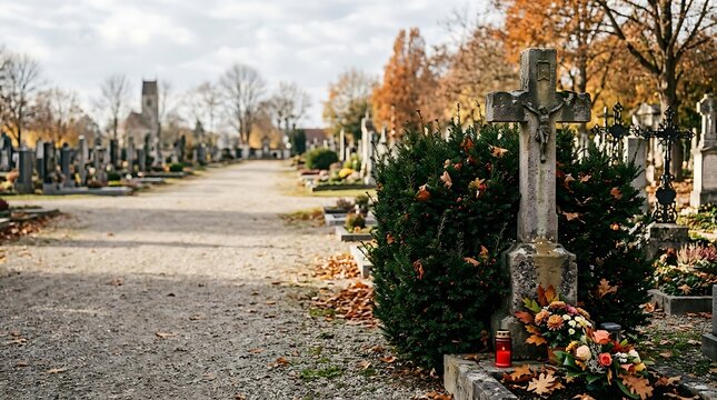 Stone cross headstone in a peaceful autumn cemetery