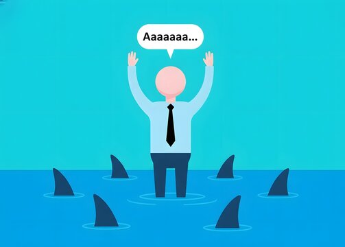 A businessman surrounded by sharks. Financial or legal problems for the business. Being swallowed up by competitors. Risk of bankruptcy, weakness of the business. Competition, debt pressure, financial