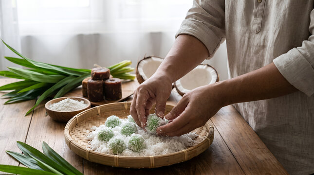 Authentic preparation of Indonesian Klepon showcasing traditional coconut coating techniques for culinary education, tourism promotion, and hospitality branding.