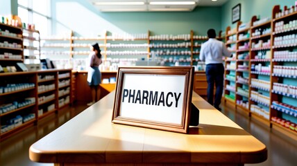 Obraz premium Pharmacy interior with customers shopping and sign on wooden counter in modern store with natural light