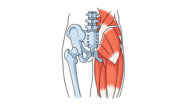 Human Hip Anatomy Illustration featuring pelvis, femur, and gluteal muscles, ideal for medical education and orthopedic studies.