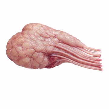 A whole raw animal gland with visible connective tissue and lobes is displayed in high resolution, providing an anatomical perspective suitable for culinary, scientific, and educational