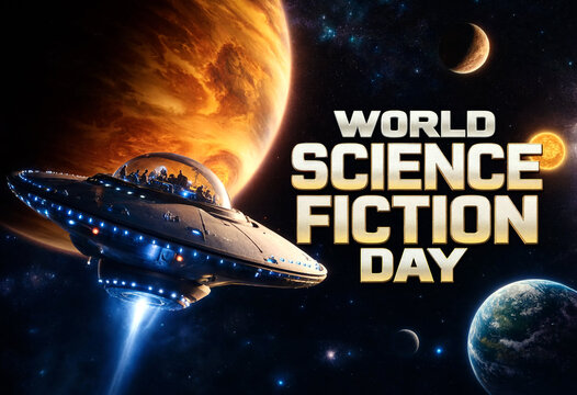 Futuristic flying saucer with passengers in space celebrating world science fiction day adventure