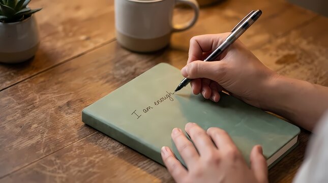 Person writing I am enough in a journal notebook.