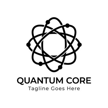 Modern atom with orbiting electrons around central nucleus for quantum core technology science research atomic physics futuristic innovation logo design