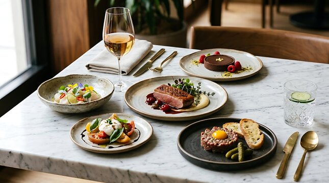 Gourmet dinner dishes served on a restaurant table with wine in a luxury setting. ornamental meal display