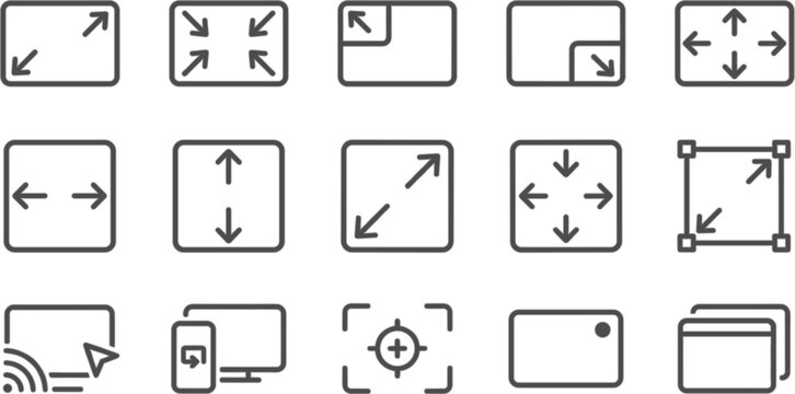 Vector linear icon set of screen scaling and resize arrows