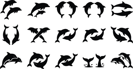 Fototapeta premium Dolphin Silhouette Vector Set with Jumping Marine Mammals, Tail Flukes, and Swimming Pairs for Sea Life Signage, Ocean Theme Logos, and Vinyl Decal Designs