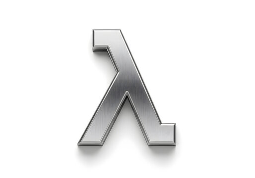 Lambda symbol static display, in white background, with metallic lambda symbol, with metallic finish texture, from a frontal view perspective, with silver, gray accents, and neutral mood.