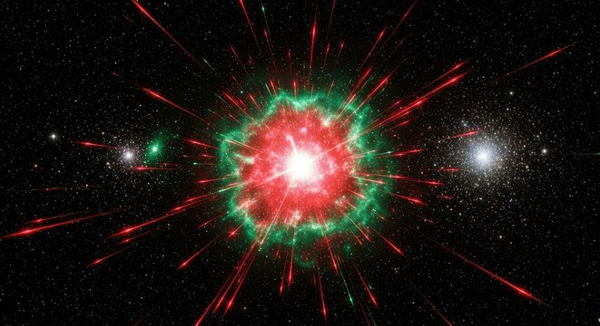 Radiant bursts of crimson and emerald light explode across the deep cosmic void, illuminating distant star clusters in a stellar display, radiation, light, shining