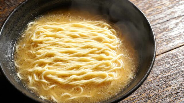 Video ramen bowl showcasing steaming hot noodles in savory broth, perfect for culinary digital marketing, food blog tutorials, or restaurant menu promotional assets.
