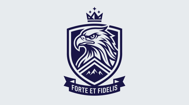 Heraldic eagle shield logo with motto banner.
