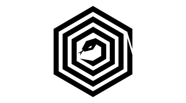 Hexagonal geometric snake logo with black concentric lines.