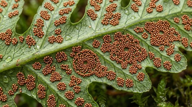 Detailed close up macro shot of a green fern leaf showing many small brown sori reproductive spores on the underside