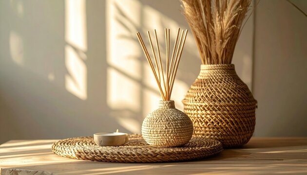Wicker basket and reed diffuser on wooden table
