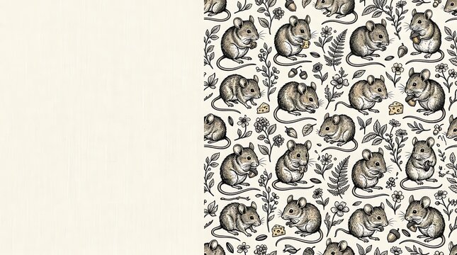 Field mouse pattern with floral elements and textured beige background