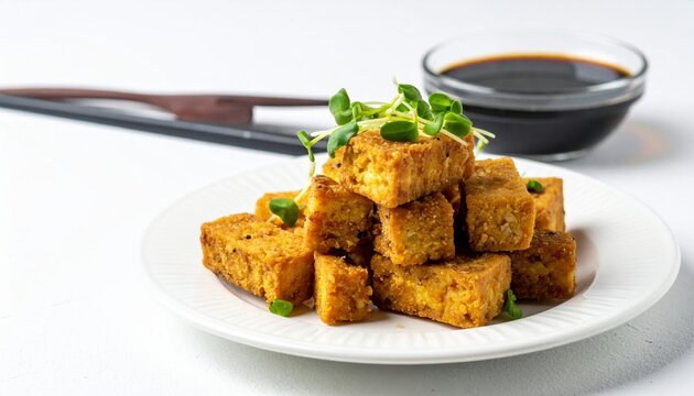 Fried tofu with soy sauce: Pieces of fried tofu cheese served with soy sauce and green microgreens on white.
