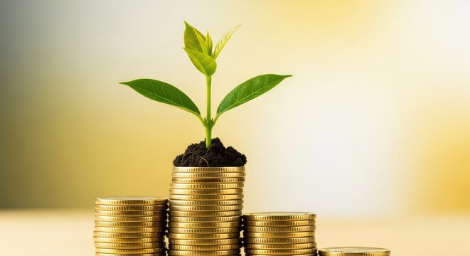 Small green sapling emerging from a stack of golden coins against a soft background to represent financial growth and investment success, asset, success, cash