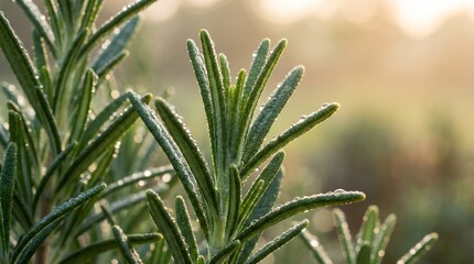 Fototapeta premium Fresh rosemary sprigs covered in morning dew drops captured in a close up shot with soft golden natural backlight glow