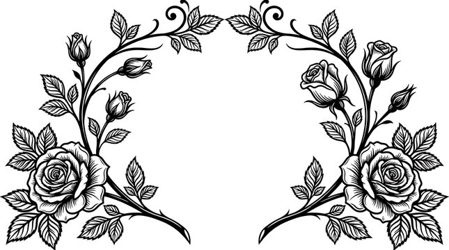 Symmetrical rose floral border black and white line frame flowers
