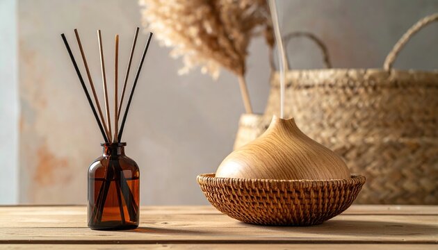 Wicker basket and reed diffuser on wooden table