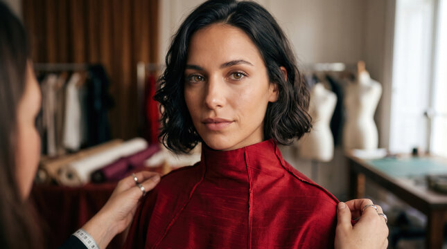 Fashion Designer Fitting Red Couture Dress on Brunette Woman