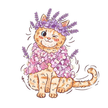 Cute Orange Tabby Cat Wearing a White Blossom Flower Crown and Floral Cloak Illustration Isolated on White Background