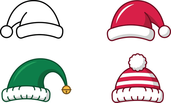Set of holiday winter hats with traditional red Santa cap green elf headwear and striped knit pompom beanie isolated