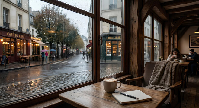 Cozy Rainy Day Window Seat at a Parisian Cafe