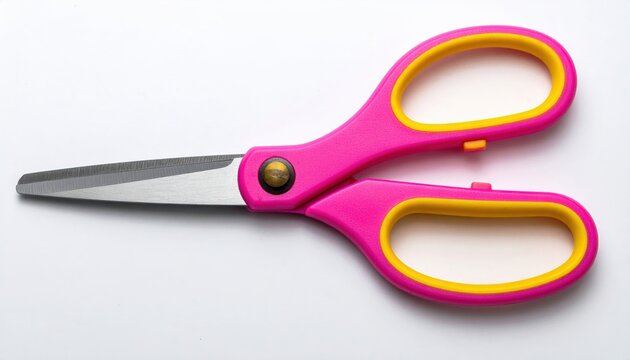Pink safety scissors with yellow accents on white background