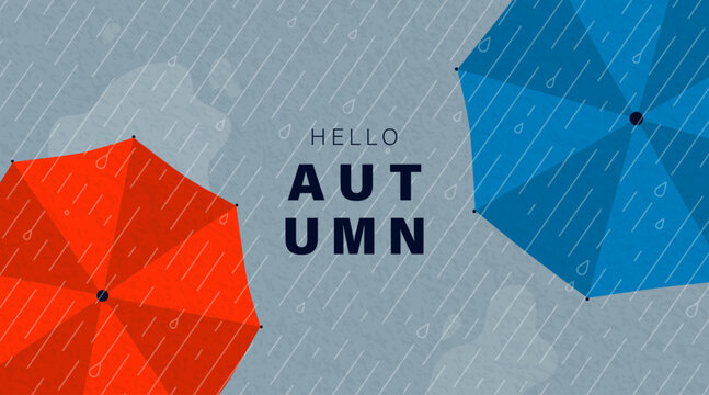 Autumn, umbrella, rain illustration featuring Hello Autumn greeting. Seasonal vector background design with red and blue umbrellas in a rainy weather concept, perfect for posters and banners