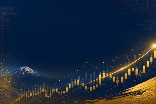 日本市場の成長と株価上昇をイメージした和モダンな金色のローソク足チャートと富士山