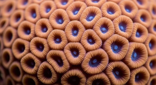 Close-up Macro View of Orange Coral Polyps with Blue Centers
