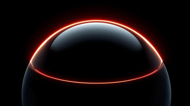 Glowing red orb with sleek metallic surface with set against black background metallic sphere single red ring encircling dark metallic technology