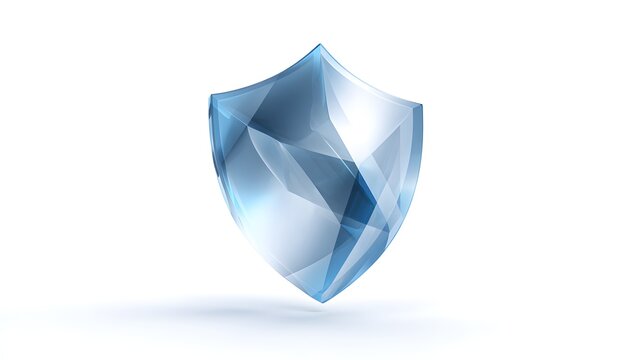 Sleek digital shield icon with layered transparent blue facets with facets white background protection technology security resource graphic with defense