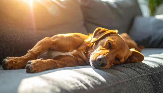 Relaxed brown dog sleeping on its back on a modern gray couch with soft afternoon sunlight