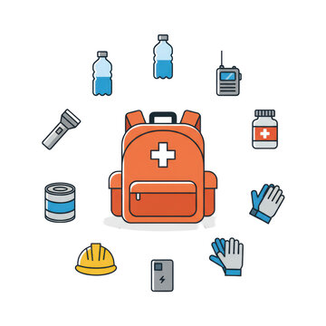 Safety orange emergency go-bag backpack with white cross, surrounded by vector essential survival gear icons on a transparent background, minimalist infographic, concept of emergency preparedness