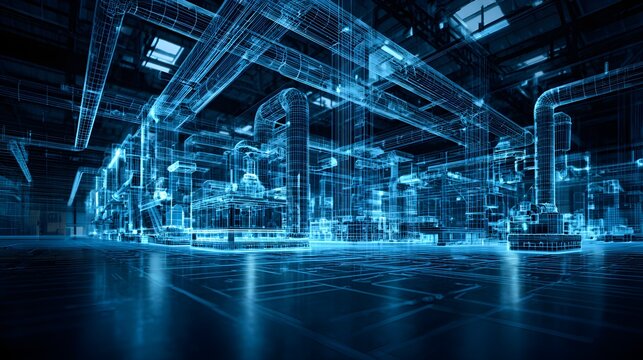 Digital twin hologram of a factory floor with blue wireframe design with manufacturing architecture construction engineering industrial technology