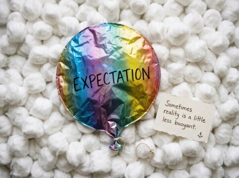 Conceptual Still Life of a Deflated Rainbow Balloon Labeled Expectation on Soft Cotton Balls Representing Disappointment and Reality vs Expectations