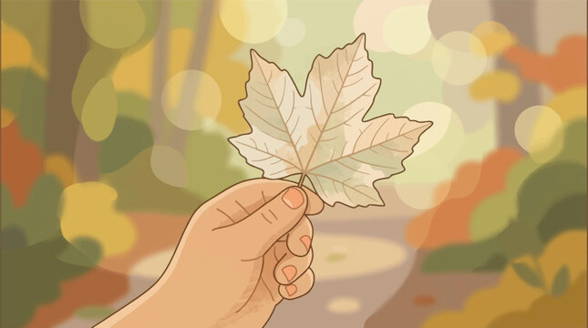 Hand holding single autumn leaf with blurred forest background, seasonal change concept, nature appreciation visual