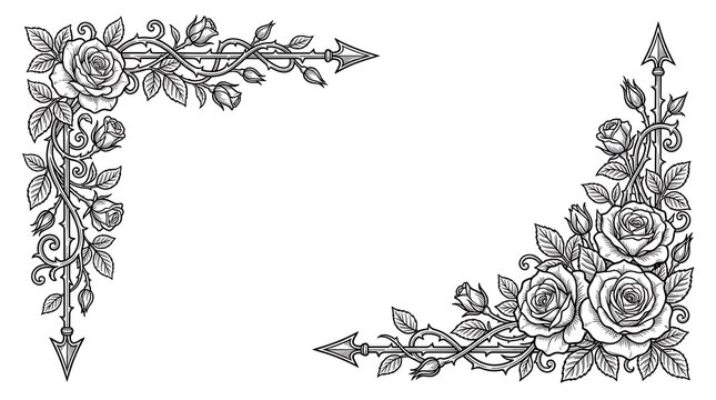 Black and white corner border featuring roses, thorns, and pointed arrow shafts flower