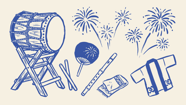 Traditional Japanese matsuri festival elements hand drawn illustration with taiko drum fireworks happi coat and fan
