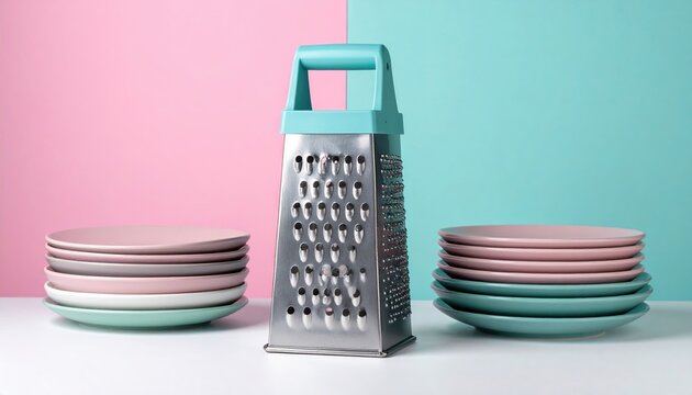 Metal kitchen grater with pastel handle and stacked plates