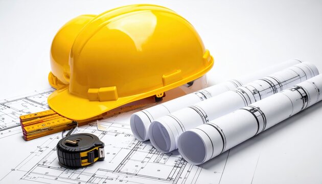 Architectural blueprints with yellow construction helmet and drafting tools on white background