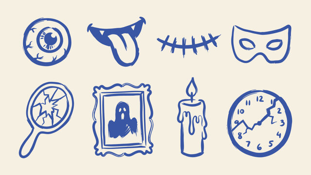 Spooky Halloween hand drawn doodle vector icons set with eyeball vampire fangs scar mask broken mirror ghost portrait candle and cracked clock