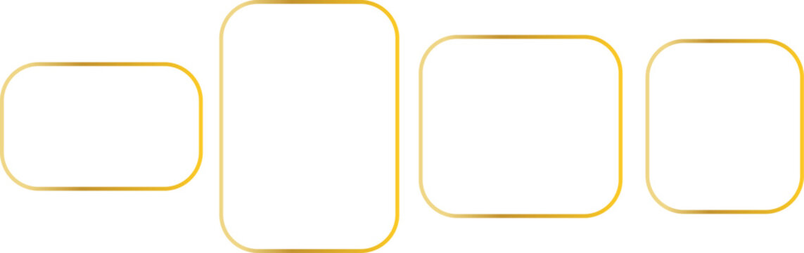 Golden rounded rectangle frame set on white background. Elegant gold thin border templates of different aspect ratios. Minimalist luxury geometric line mockup collection.