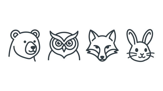 Four animal faces drawn in black lines on a white background including bear owl fox and rabbit