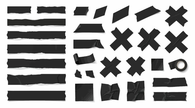 Torn black paper strips and shapes arranged on a white surface in a creative design.